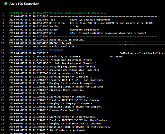 Screenshot of DACPAC Results