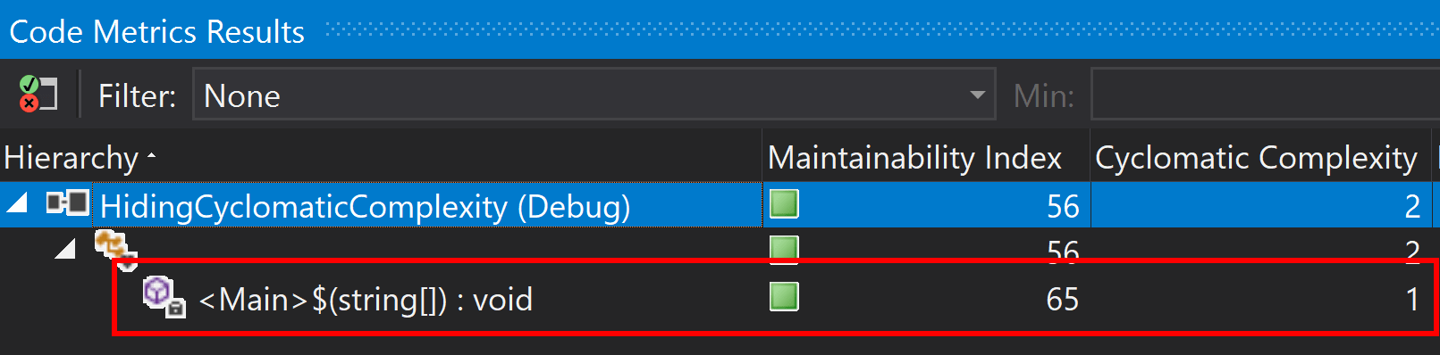 Results of a Pattern Matching's Cyclomatic Complexity Screenshot