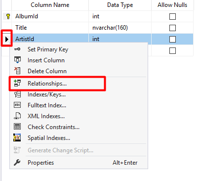 Screenshot of table context menu with relationships in SQL Server Management Studio