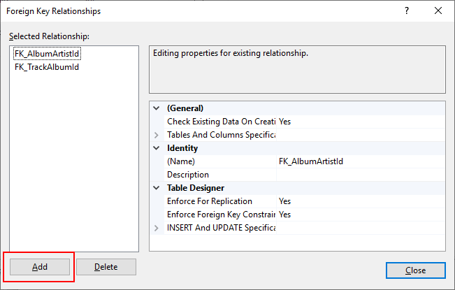 Screenshot of table relationships in SQL Server Management Studio