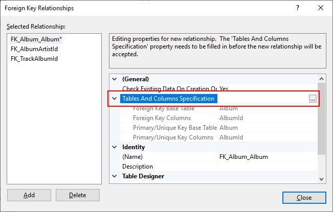 Screenshot of dropdown table relations in SQL Server Management Studio