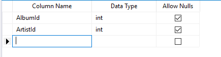 Screenshot of ArtistAlbum table definition