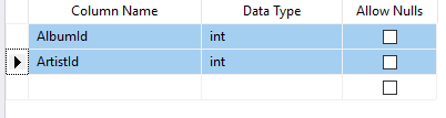 Screenshot of hilighting two fields in ArtistAlbum table