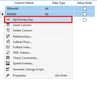 Screenshot of setting the primary keys in ArtistAlbum table