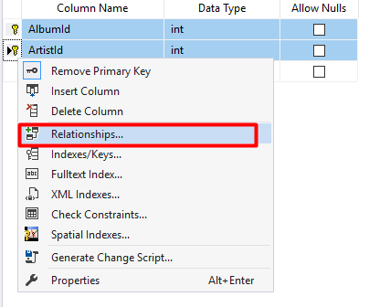 Screenshot of selecting Relationships for ArtistAlbum table