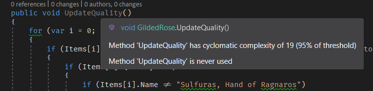 Screenshot of Gilded Rose Kata's UpdateQuantity method