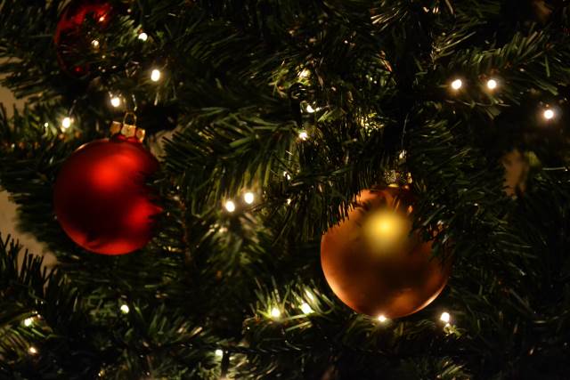 A closeup view of a Christmas tree with a few ornaments