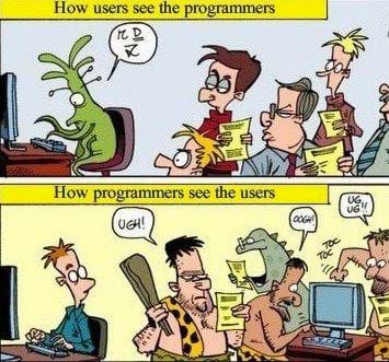 Cartoon about a alien as a programmer with people looking at him weird