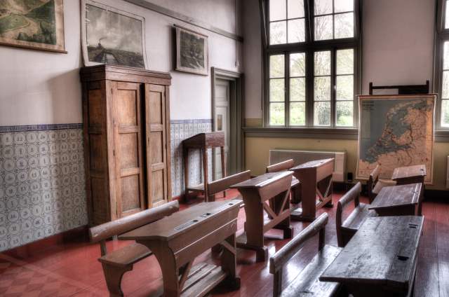 Wood Classroom with wooden benches