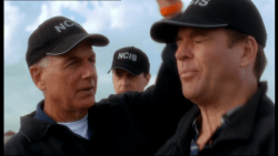 Actor Mark Harmon performing his famous Gibb's headslap