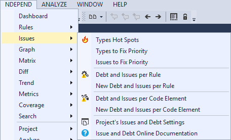 NDepend 2017 Issues Menu