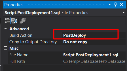 Screenshot of PostDeployment Script Properties