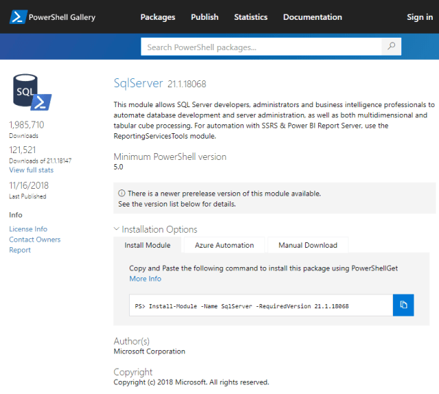 Screenshot of installing SQL Server module