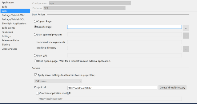 Screenshot of Project Settings Web Tab