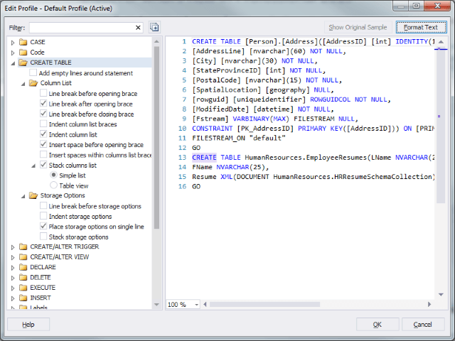 SQLComplete Formatting Dialog