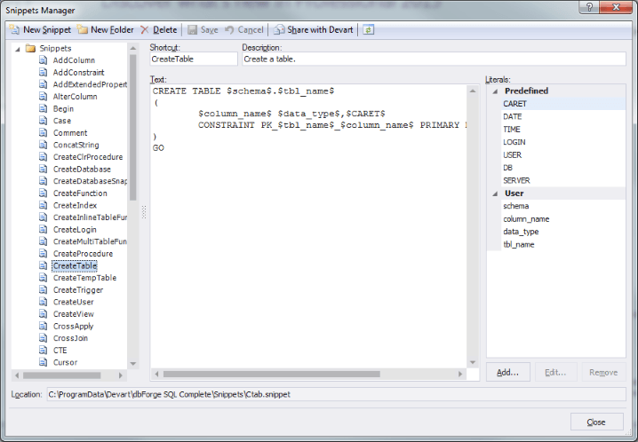 SQLComplete Snippets Manager