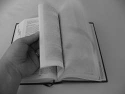 Persons hand thumbing through a book.