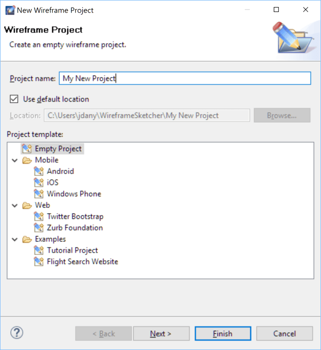 WireframeSketcher New Project Dialog