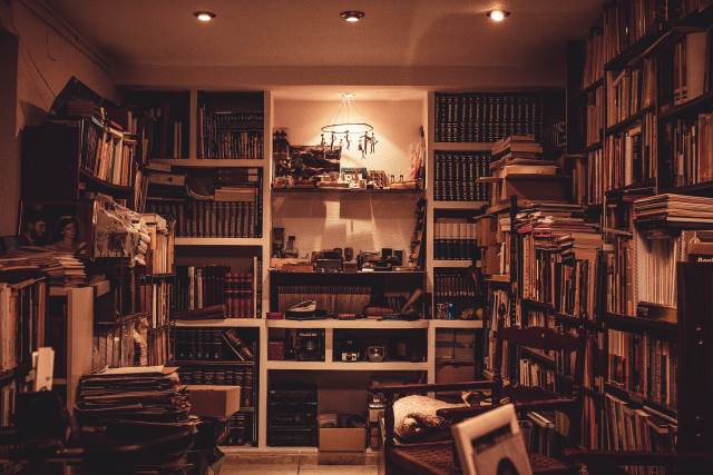 A library of books in bookshelves