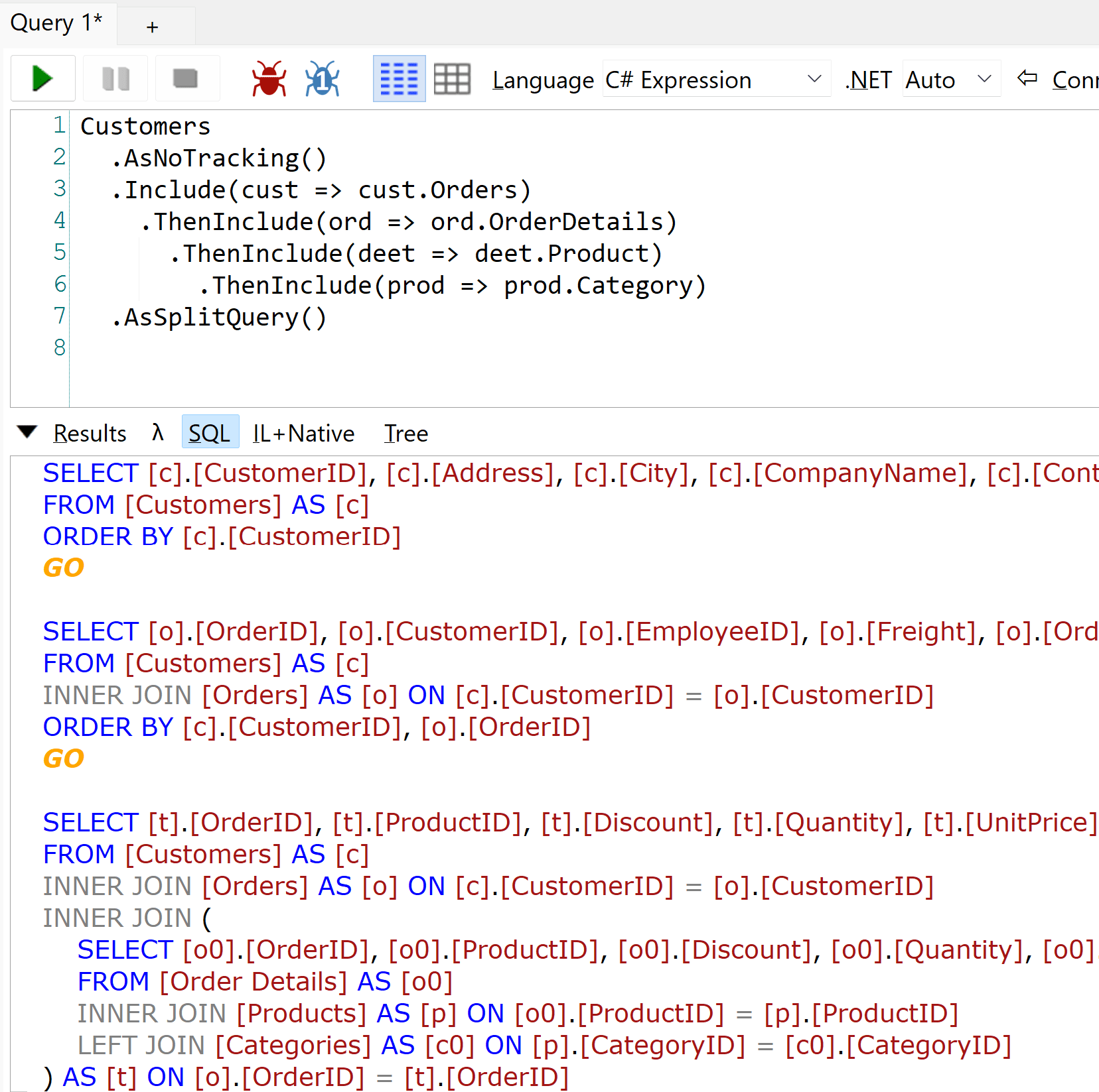 Screenshot of LinqPad w/ a Split Query