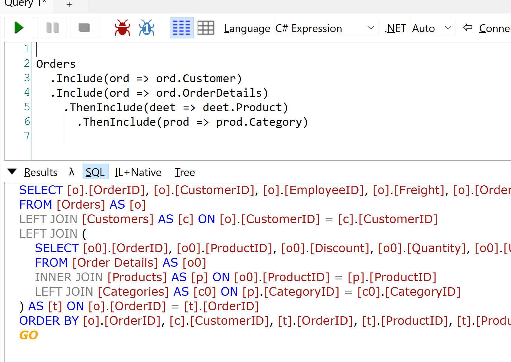 Screenshot of LinqPad w/ the Orders Table