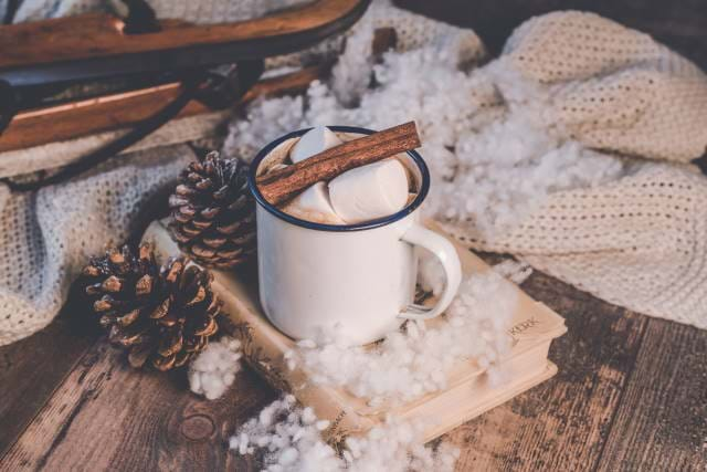 Mug of hot chocolate in a holiday setting