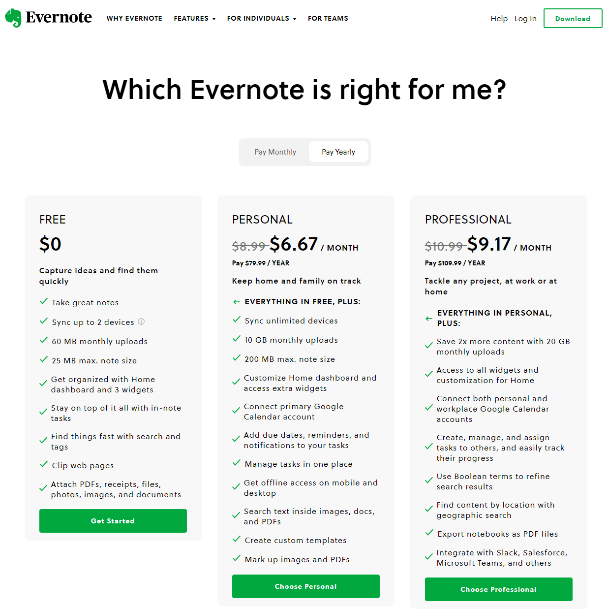 Evernote Feature Matrix