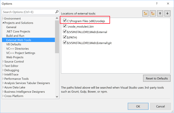 Screenshot of nodejs Path in Visual Studio