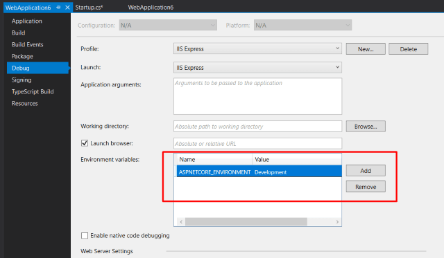 Screenshot of ASPNETCORE_ENVIRONMENT Location